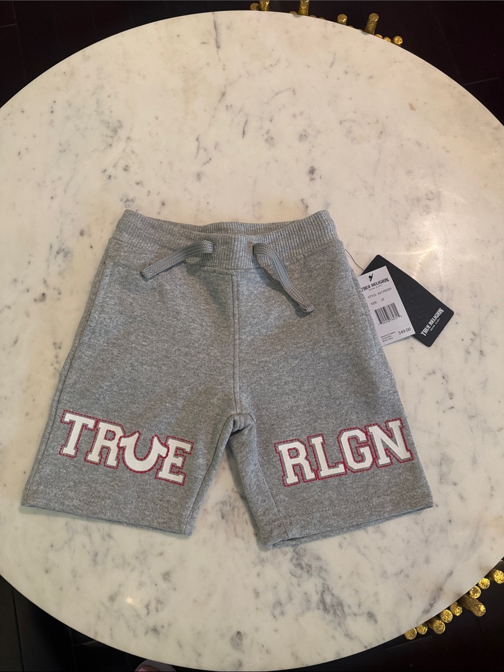 True Religion Gray Shorts with White and Pink Logo